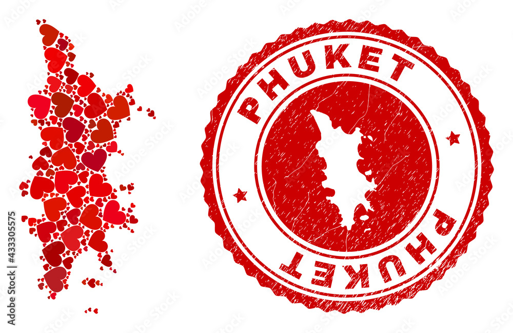 Mosaic Phuket map composed with red love hearts, and rubber stamp. Vector lovely round red rubber badge imprint with Phuket map inside. Geographic abstraction of Phuket map with red wedding symbols. Mosaic Phuket map composed with red love hearts, and rubber stamp. Vector lovely round red rubber badge imprint with Phuket map inside. Geographic abstraction of Phuket map with red wedding symbols.