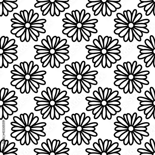 Black bold linear chamomile flowers isolated on white background. Cute monochrome floral seamless pattern. Vector simple flat graphic illustration. Texture.
