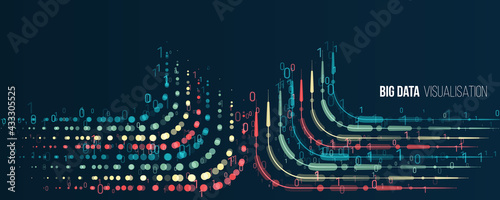 Big data visualization banner. Abstract background with lines array and binary code. Connection structure. Data array visual concept for website. Big data connection complex.