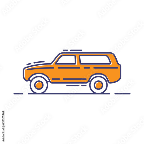 SUV icon. Off-road vehicle. Colored contour linear silhouette. Side view. Vector simple flat graphic illustration. The isolated object on a white background. Isolate.
