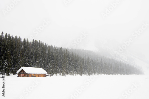 Beautiful winter landscape with snow. A wooden house close to a forest during a heavy snow storm. Banff National Park, Alberta, Canada.