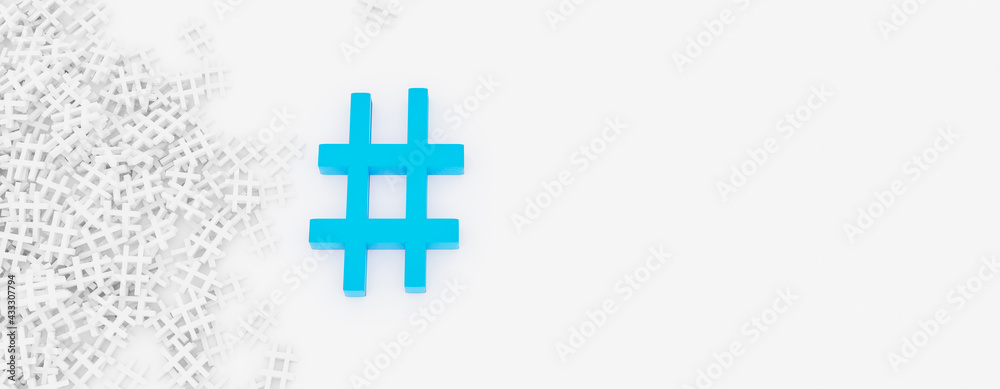 Obraz premium Hashtag Concept. Blue hashtag near the stack of white ones on a white banner background. 3D Rendering