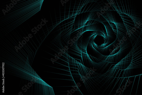 Abstract Black and Blue Pattern with Lines. Bright Spiral Flower Isolated on Black Background. Raster. 3D Illustration