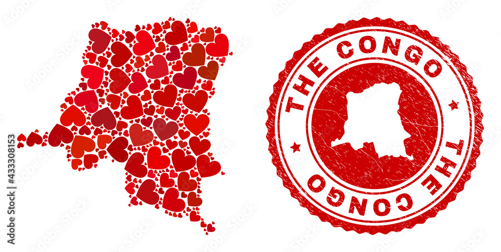 Mosaic Democratic Republic of the Congo map formed with red love hearts, and corroded seal stamp. Vector lovely round red rubber seal stamp imprint with Democratic Republic of the Congo map inside.