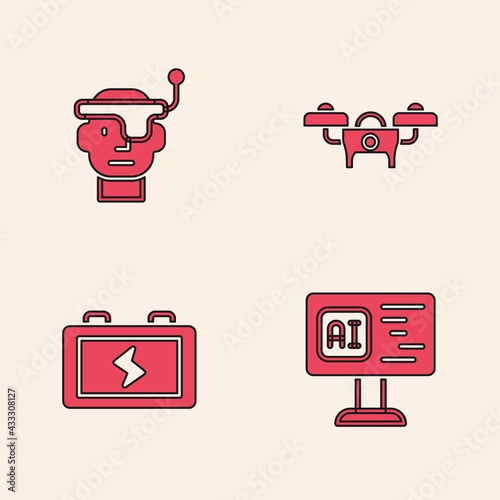 Set Software, Smart glasses, Drone and Battery icon. Vector