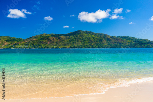 A view from Curieuse island on Praslin island on Seychelles