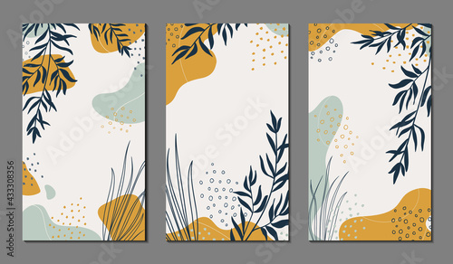 Abstract organic vector shapes, leaves, branch, plants. Set of natural template in doodle style for social media post, cover, poster, stories, background. Modern graphics for business, holiday. Simple