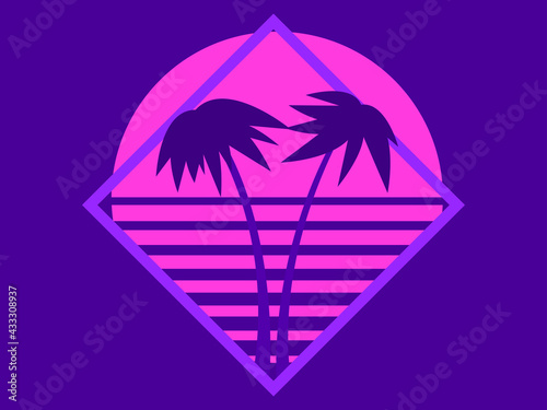 80s palm trees at sunset. Summer time. Retro futuristic sun. Synthwave and retrowave style. Design for advertising brochures, banners and posters. Vector illustration