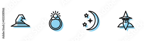 Set line Moon and stars, Witch hat, Magic stone ring with gem and Wizard warlock icon. Vector