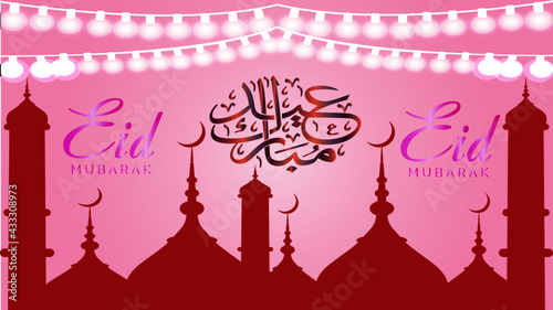 Eid Mubarak and Happy Eid Mubarak wishes .illustration of a mosque in the night