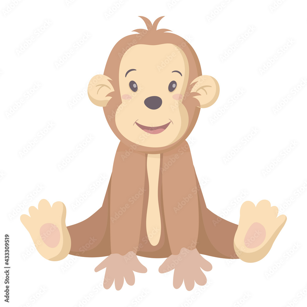 Obraz premium Vector isolated illustration on white background. Children picture of a cute baby monkey or chimpanzee. Cartoon character for children books or wallpaper.