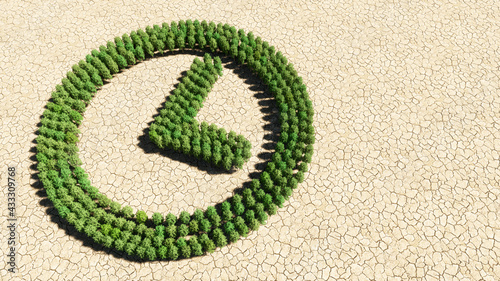 Concept or conceptual group of green forest tree on dry ground background, clock icon. 3d illustration metaphor for time, countdown,  chronometer, business and deadline