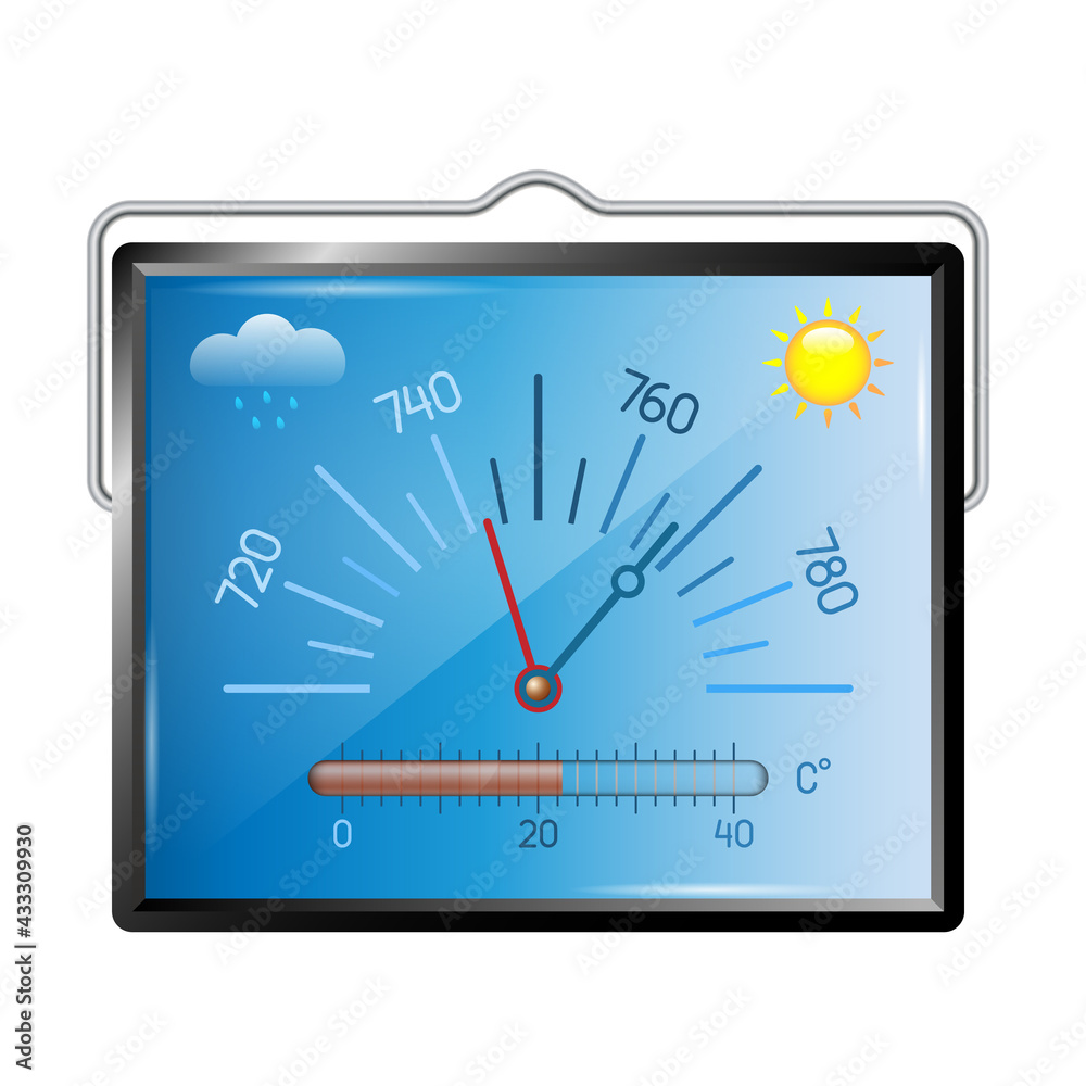 Barometer. A device for measuring atmospheric pressure and air temperature. Used indoors. The design is old-school. White isolated background. Done in vector. Barometer. A device for measuring atmospheric pressure and air temperature. Used indoors. The design is old-school. White isolated background. Done in vector.