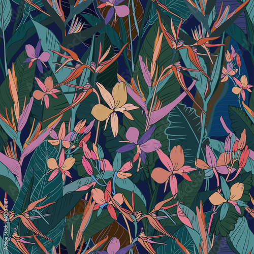 Seamless vector pattern lined tropical leaves and flowers ornament in violet and blue tones