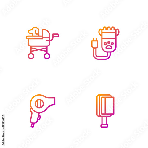Set line Hair brush for dog and cat, dryer, Pet stroller and clipper pet. Gradient color icons. Vector