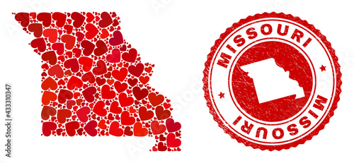 Collage Missouri State map designed with red love hearts, and rubber seal stamp. Vector lovely round red rubber seal imitation with Missouri State map inside.