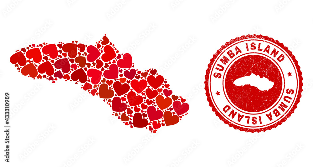 Collage Sumba Island map designed with red love hearts, and rubber badge. Vector lovely round red rubber stamp imprint with Sumba Island map inside.