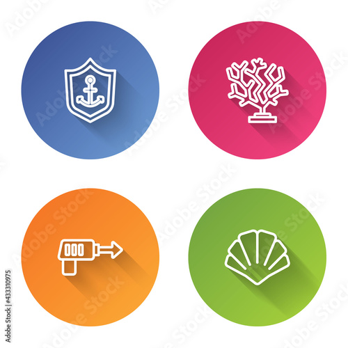 Set line Anchor inside shield, Coral, Fishing harpoon and Scallop sea shell. Color circle button. Vector