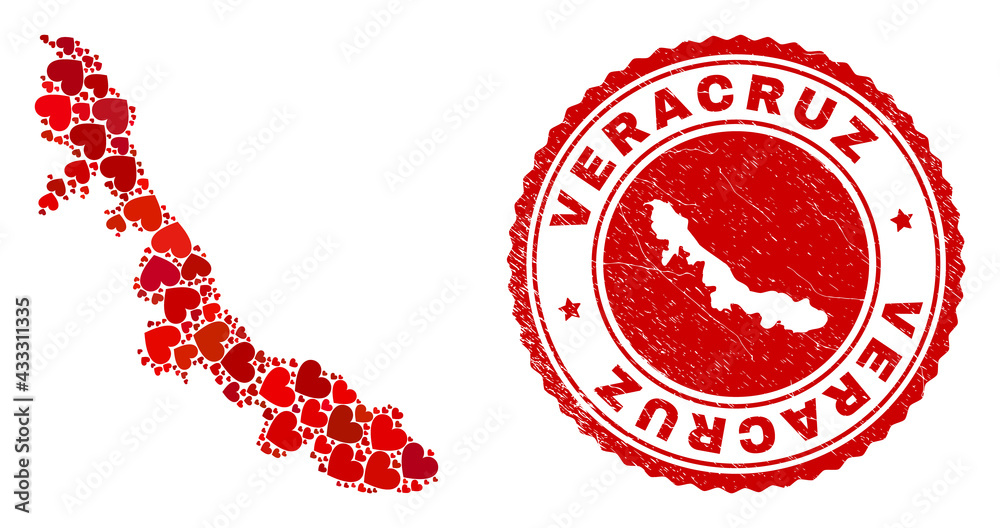 Collage Veracruz State map created from red love hearts, and textured seal stamp. Vector lovely round red rubber seal stamp imitation with Veracruz State map inside. Collage Veracruz State map created from red love hearts, and textured seal stamp. Vector lovely round red rubber seal stamp imitation with Veracruz State map inside.