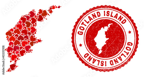 Collage Gotland Island map formed with red love hearts, and grunge seal stamp. Vector lovely round red rubber seal stamp imprint with Gotland Island map inside. photo