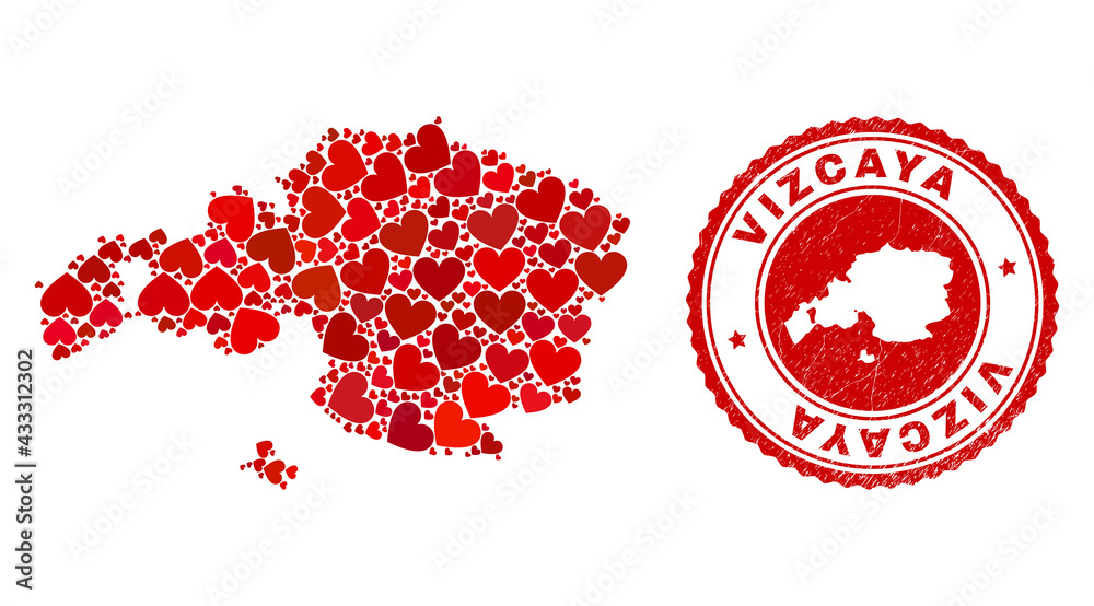 Collage Vizcaya Province map designed with red love hearts, and rubber badge. Vector lovely round red rubber badge imprint with Vizcaya Province map inside. Collage Vizcaya Province map designed with red love hearts, and rubber badge. Vector lovely round red rubber badge imprint with Vizcaya Province map inside.