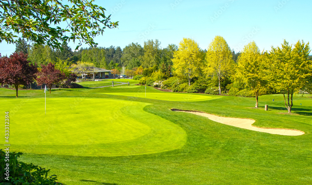 Scenic Golf course at Victoria, Canada on on a beautiful spring day. Vancouver Island is temperate enough for year round golfing.