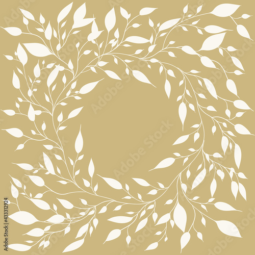 Round luxury frame with hand drawn white leaves on a golden background with copy space for wedding invitations, cards, banners, posters. Vector illustration, eps 10.