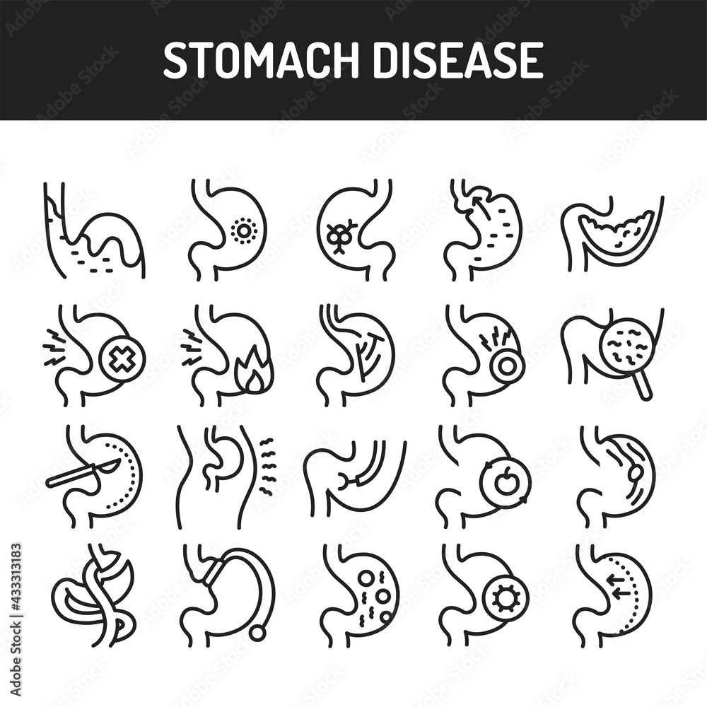Stomach diseases line icons set. Isolated vector element.
