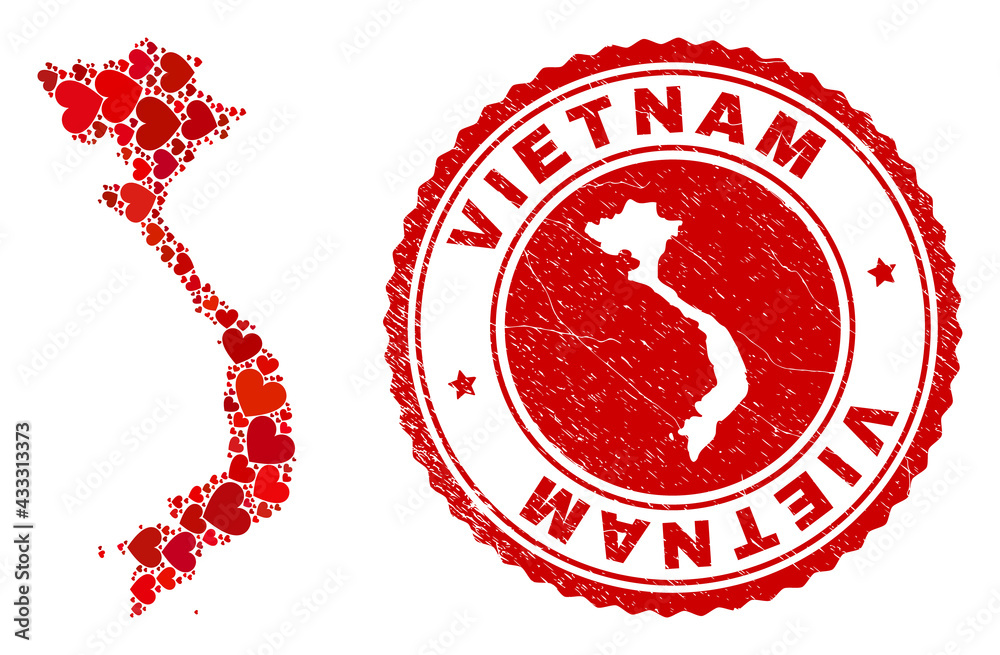 Collage Vietnam map designed with red love hearts, and textured seal stamp. Vector lovely round red rubber seal stamp imprint with Vietnam map inside. Collage Vietnam map designed with red love hearts, and textured seal stamp. Vector lovely round red rubber seal stamp imprint with Vietnam map inside.