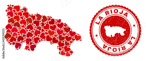 Collage La Rioja of Spain map formed from red love hearts, and textured badge. Vector lovely round red rubber badge imitation with La Rioja of Spain map inside.