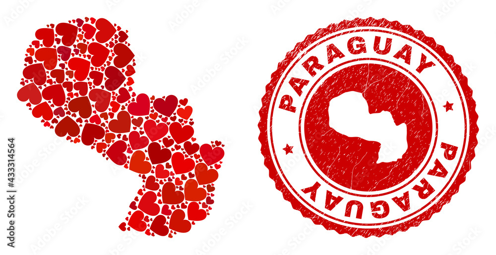 Mosaic Paraguay map composed with red love hearts, and dirty stamp. Vector lovely round red rubber stamp imprint with Paraguay map inside. Mosaic Paraguay map composed with red love hearts, and dirty stamp. Vector lovely round red rubber stamp imprint with Paraguay map inside.