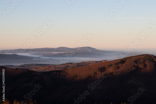 Awakening of nature on a new sunny day, when the fog evaporates and disappears from the valley and orange light falls there and awakens the biodiversity of the landscape to life. Excitation beam