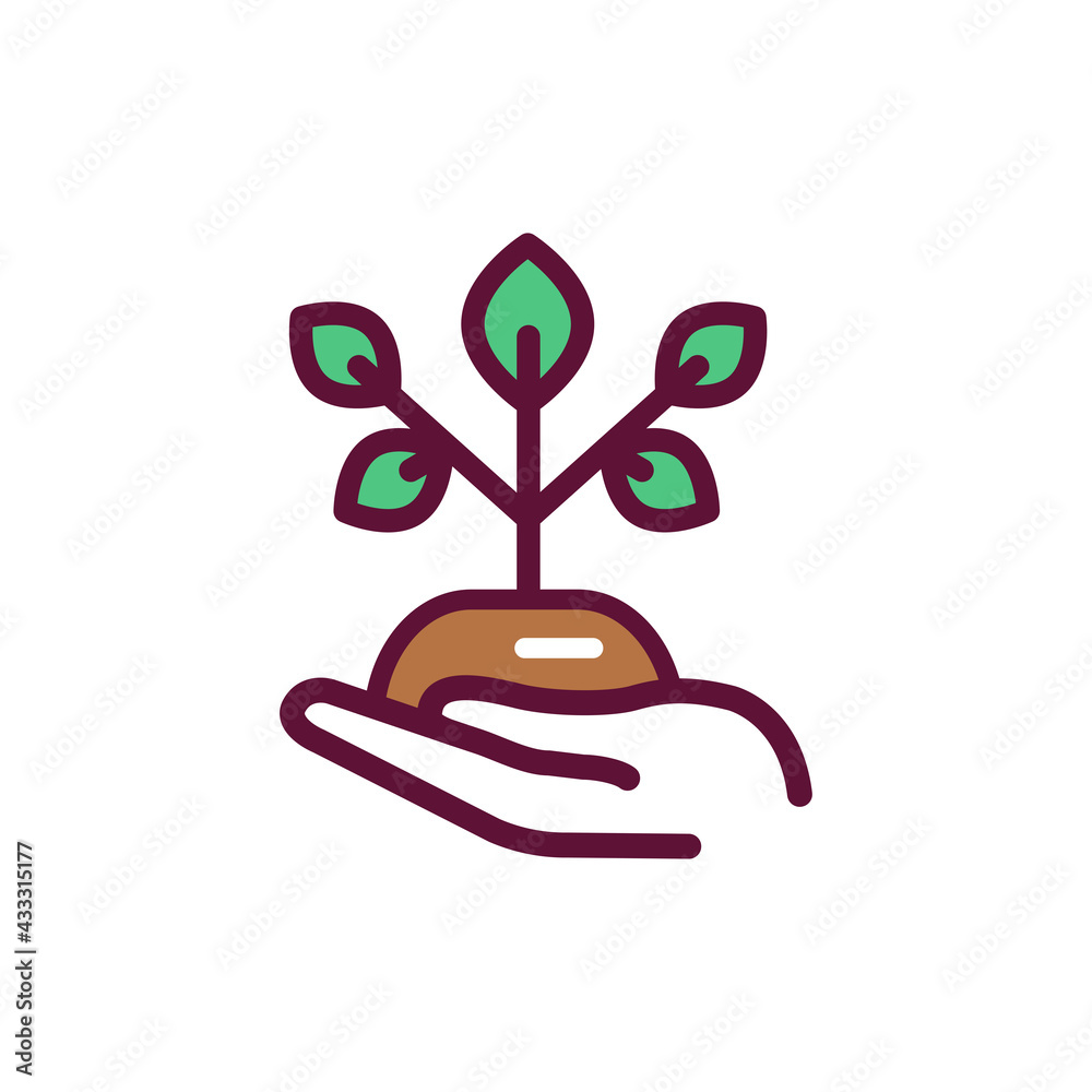 Plant in hand line icon. Isolated vector element. Plant in hand line icon. Isolated vector element.