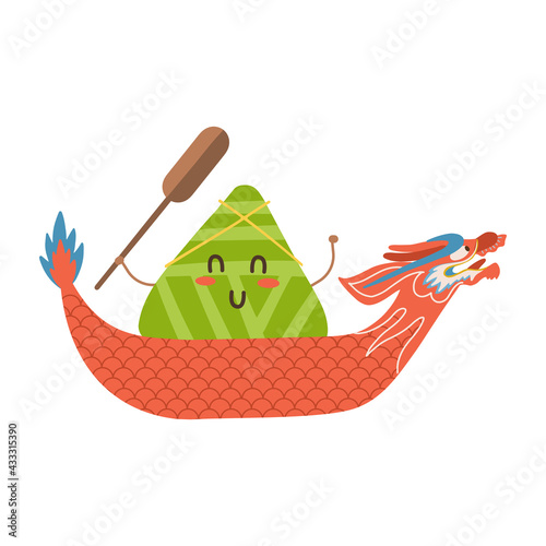 Dragon boat festival illustration. Kawaii chinese rice dumpling character with paddle . Isolated flat vector illustration