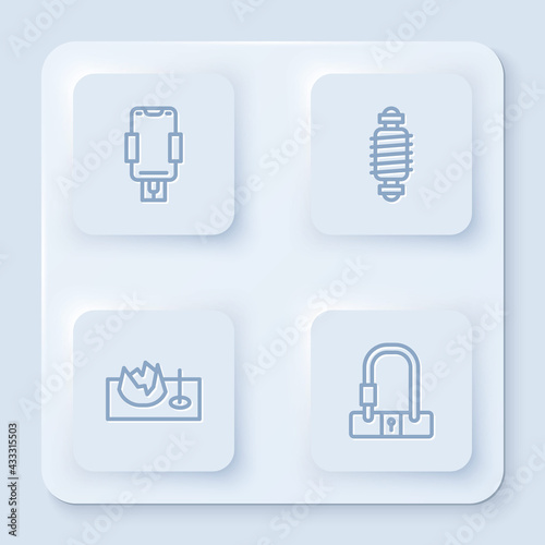 Set line Mobile holder, Bicycle suspension, street ramp and lock. White square button. Vector