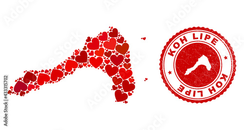Mosaic Koh Lipe map created with red love hearts, and rubber seal stamp. Vector lovely round red rubber stamp imitation with Koh Lipe map inside.