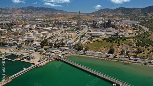 Aerial drone photo of industrial public Hellenic Petroleum refinery in area and bay of Aspropirgos, Attica, Greece photo