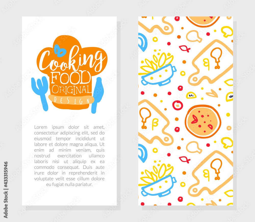 Cooking Food Card Template with Text, Culinary School, Class, Blog Flyer, Card, Brochure with Kitchenware Utensils and Cooking Ingredients Seamless Pattern Vector Illustration