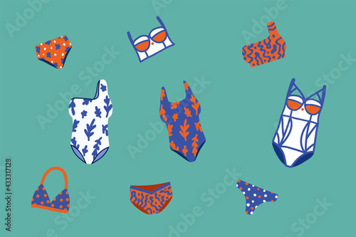 A set of beautiful summer swimsuits. Vector illustration of Women's beachwear, Bikinis, Shorts, Swimming Trunks. Bright accessories for relaxing by the sea. Vector illustration