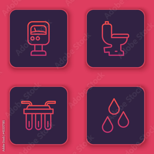Set line Pressure water meter, Water filter, Toilet bowl and drop. Blue square button. Vector