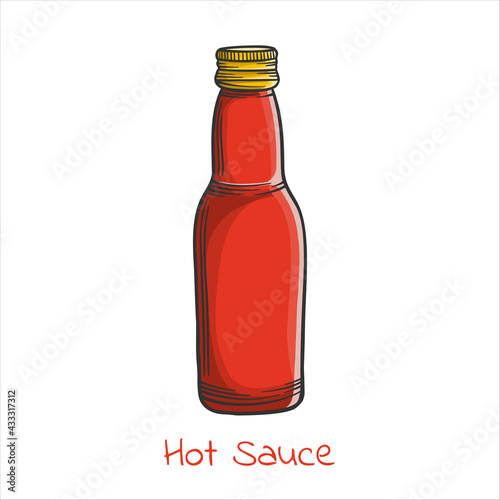 Colored Red hot chilli sauce in cartoon style, vector image. Outline drawing.