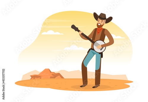 Cowboy Playing Banjo Musical Instrument on Desert Landscape, Wild West Concept Vector Illustration
