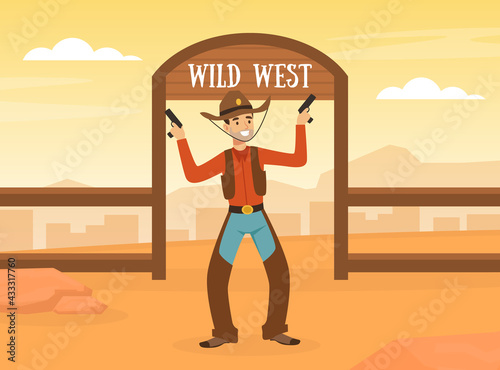 Wild West Concept, Cowboy Standing with Revolvers on Desert Landscape Vector Illustration