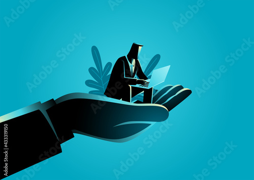 Businessman working with laptop on giant hand