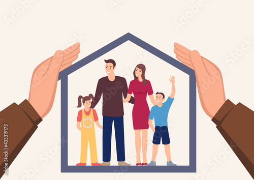 Big hands covering a house with happy family inside