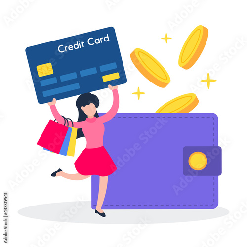 Woman with shopping bags carrying a credit card. Coins falling into wallet. The creative concept of cashback. Simple trendy cute cartoon character vector illustration. Modern flat style graphic.