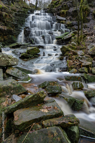 Hatch Brook Waterfall flows down the West Pennine Moors in Brinscall, Chorley