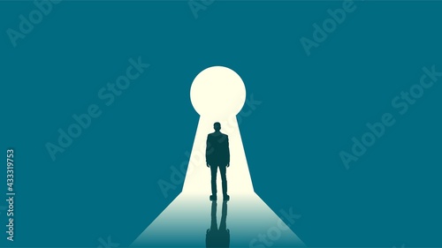 Businessman Looking Through Key Hole Business Possibilities Exploration Concept.