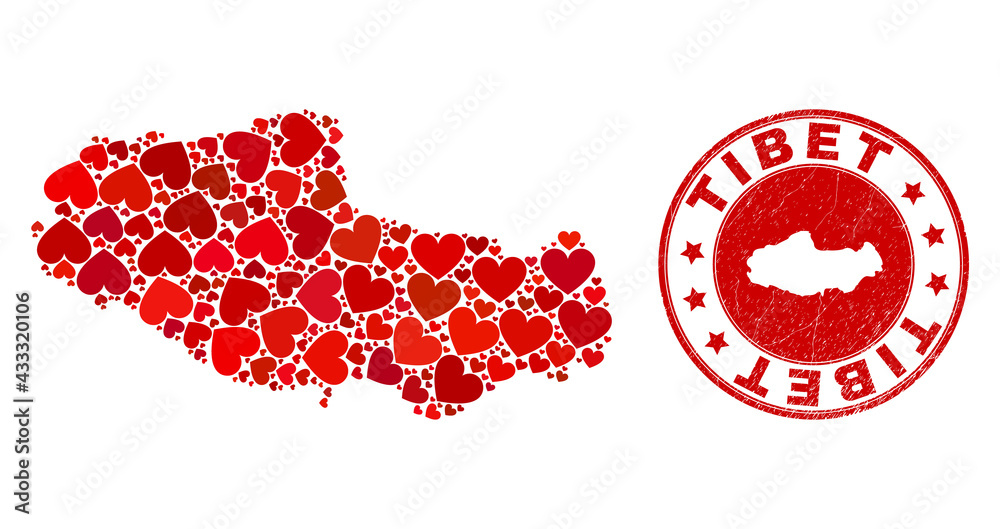 Collage Tibet map designed with red love hearts, and corroded seal stamp. Vector lovely round red rubber seal imprint with Tibet map inside.
