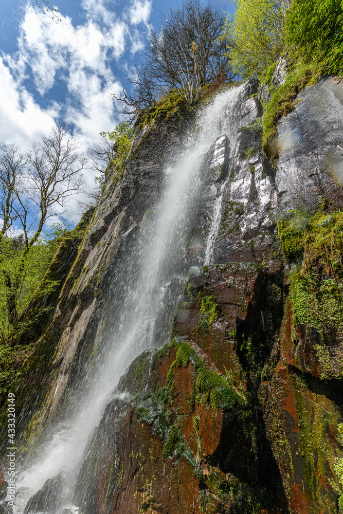 Waterfall in a mountain forest in early spring.